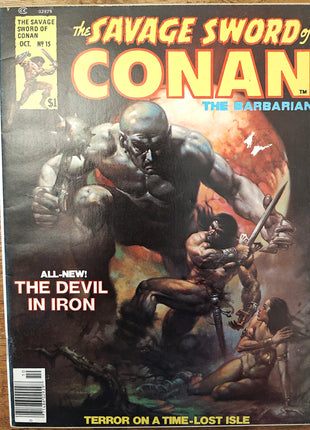 Softcover copy of Savage Sword of Conan #15 from 1974, featuring comic book artwork and detailed cover design.