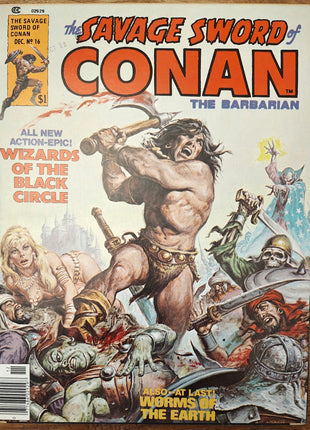 Softcover copy of Savage Sword of Conan #16 comic book from 1974, featuring Conan on the cover with detailed artwork.