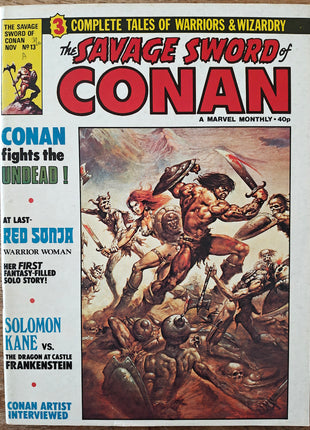 Softcover copy of Savage Sword of Conan #13 from 1977 Marvel UK second series, featuring Conan artwork and comic pages.