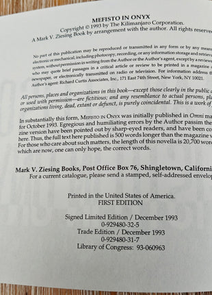 Harlan Ellison - Mefisto In Onyx (Mark Ziesing Books, 1993) HC - Mycomicshop.be